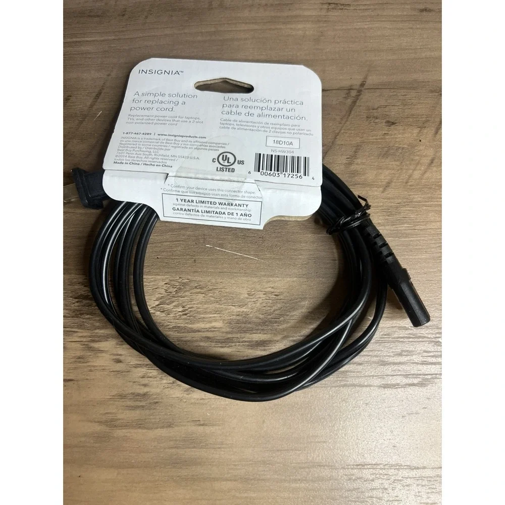 Insignia 2-Slot Nonpolarized Power Cord Black 6ft NS-HW304 Brand New